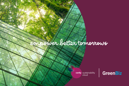 Glass building reflecting green trees with the text empower better tomorrows, highlighting ESG data, alongside GreenBiz and Cority logos.