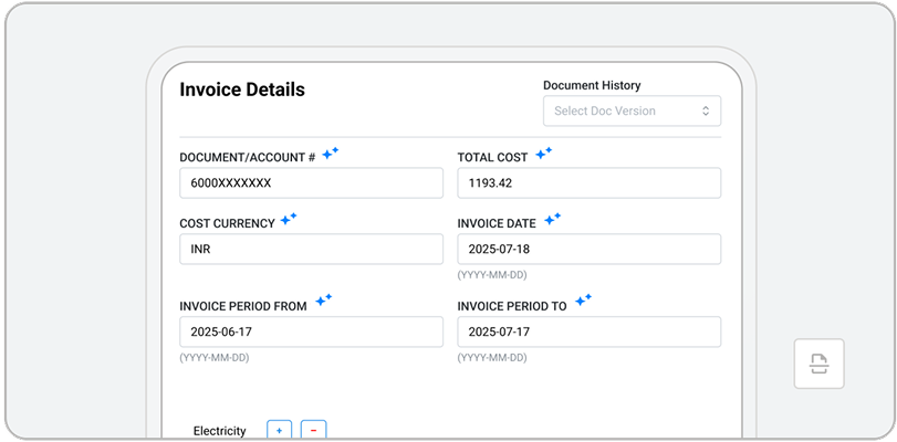 A digital form titled Invoice Details displays fields like document number, total cost, currency, invoice date, and period—with a dropdown for document version history. Some details are filled with sample data to support AI in sustainability reporting processes.