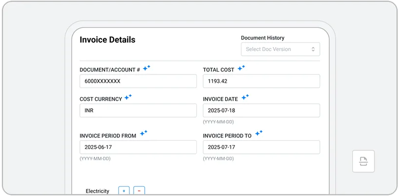 A digital form titled Invoice Details displays fields like document number, total cost, currency, invoice date, and period—with a dropdown for document version history. Some details are filled with sample data to support AI in sustainability reporting processes.