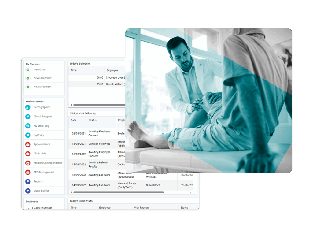 A doctor examines a patient’s arm in a medical office. On the left, a computer screen displays a medical dashboard with sections like demographics, clinic visits, health essentials, and results from health risk assessments.