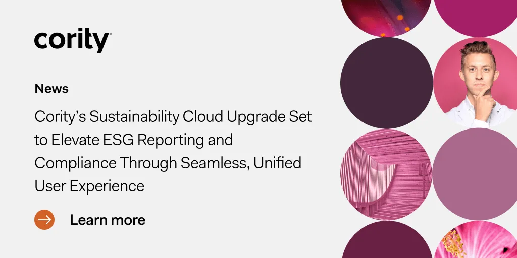 Cority news on sustainability cloud ESG upgrade with abstract pink circles and a person in the top right corner.