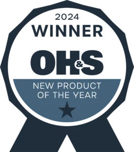 Circular badge reading 2024 Winner OH&S New Product of the Year with a star at the bottom, celebrating an occupational health safety award.