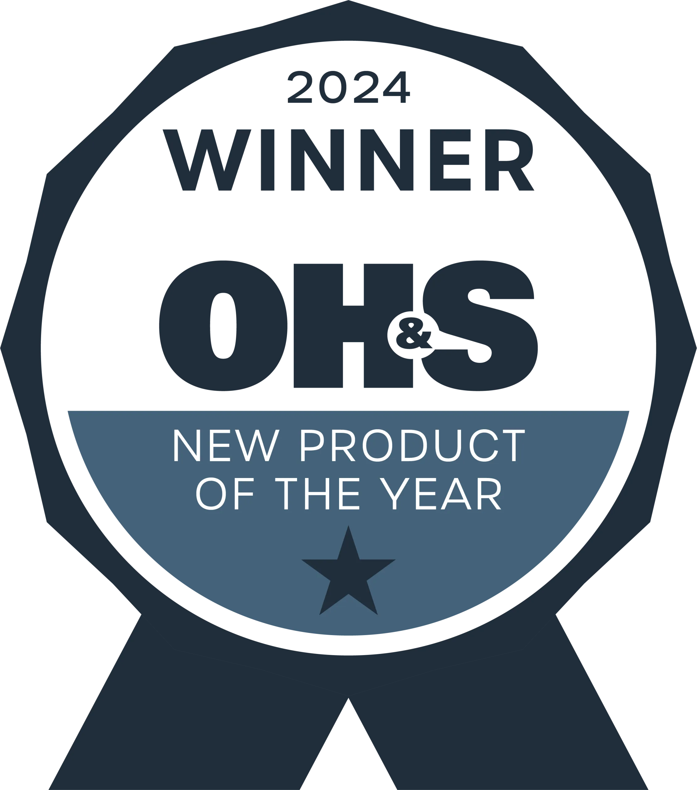 Circular badge reading 2024 Winner OH&S New Product of the Year with a star at the bottom, celebrating an occupational health safety award.