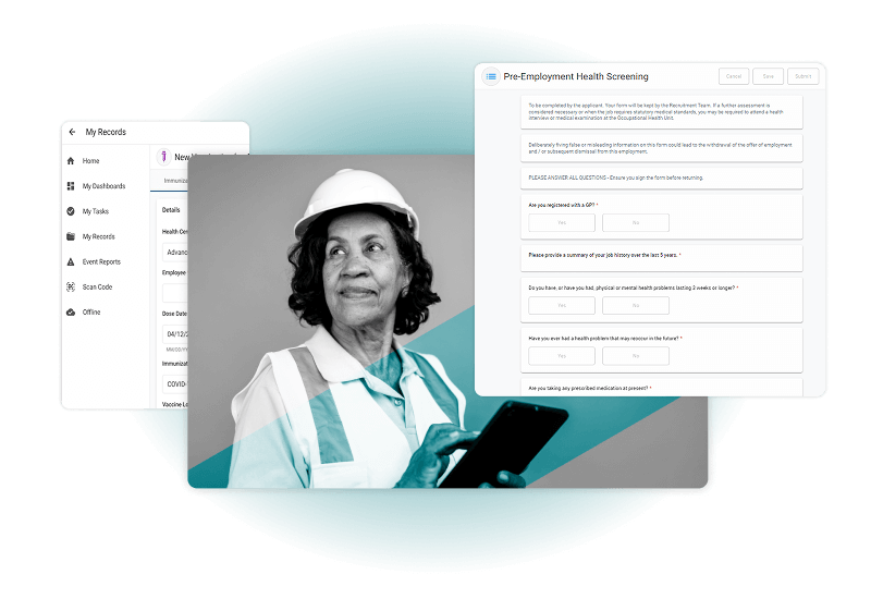 A black and white photo of a woman in a hard hat and safety vest holding a tablet is overlaid on screenshots of digital health records and a pre-employment health screening form, highlighting the importance of workplace safety and employee well-being.