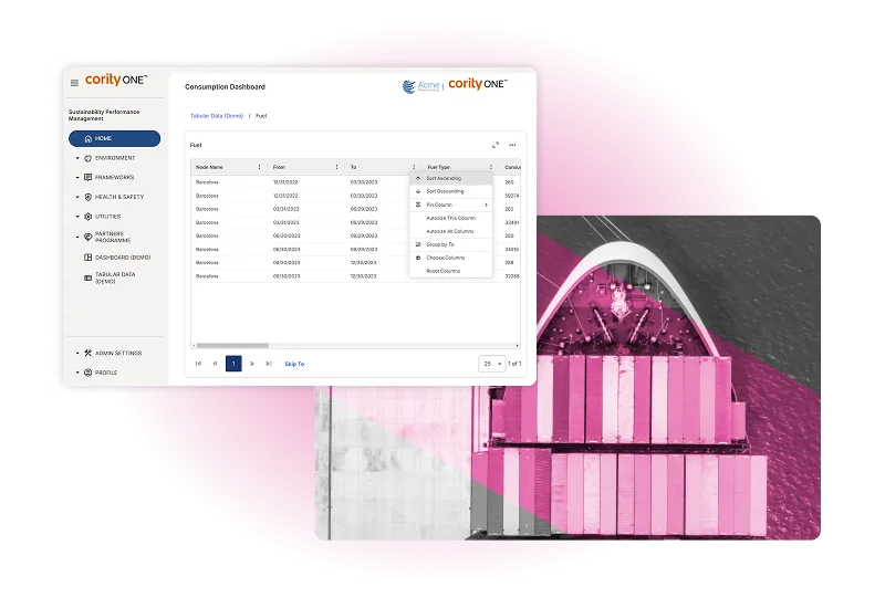Screenshot of a dashboard showing fuel consumption data and charts, overlaid on a pink-tinted aerial photo of a cargo ship with stacked shipping containers—highlighting U.S. sustainability and ESG insights in maritime operations.