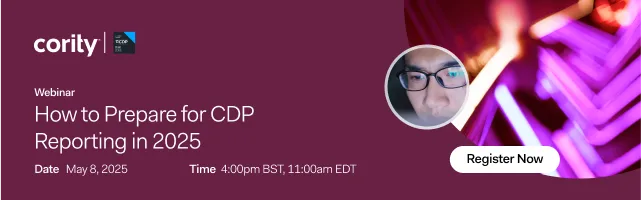 Webinar banner: Discover how to prepare for CDP reporting in 2025. Join us on May 8, 2025—register now! Features abstract graphics and a clear call-to-action button.