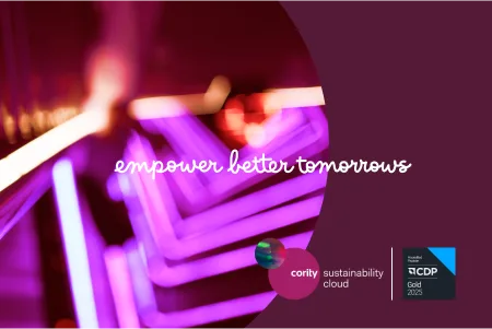 Purple background with neon lights and text: empower better tomorrows. Cority and CDP Gold 2023 logos shown, highlighting our commitment to effective CDP preparation for a successful CDP 2025 journey.