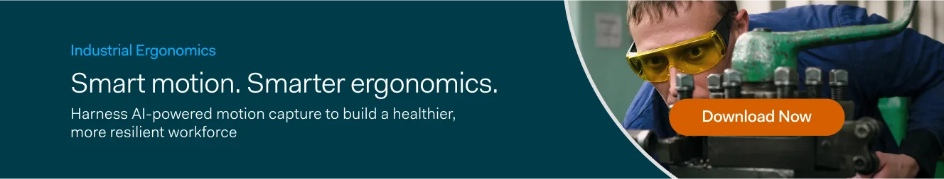 Man wearing safety glasses inspects industrial machinery; text promotes AI-powered motion capture from Cority for improved industrial ergonomics.