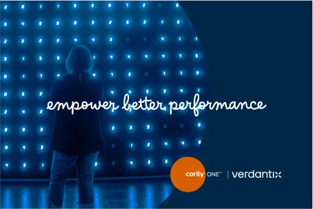 A person stands before a blue wall of glowing numbers with the text empower better performance, showcasing how Cority EHS software maximizes ROI.