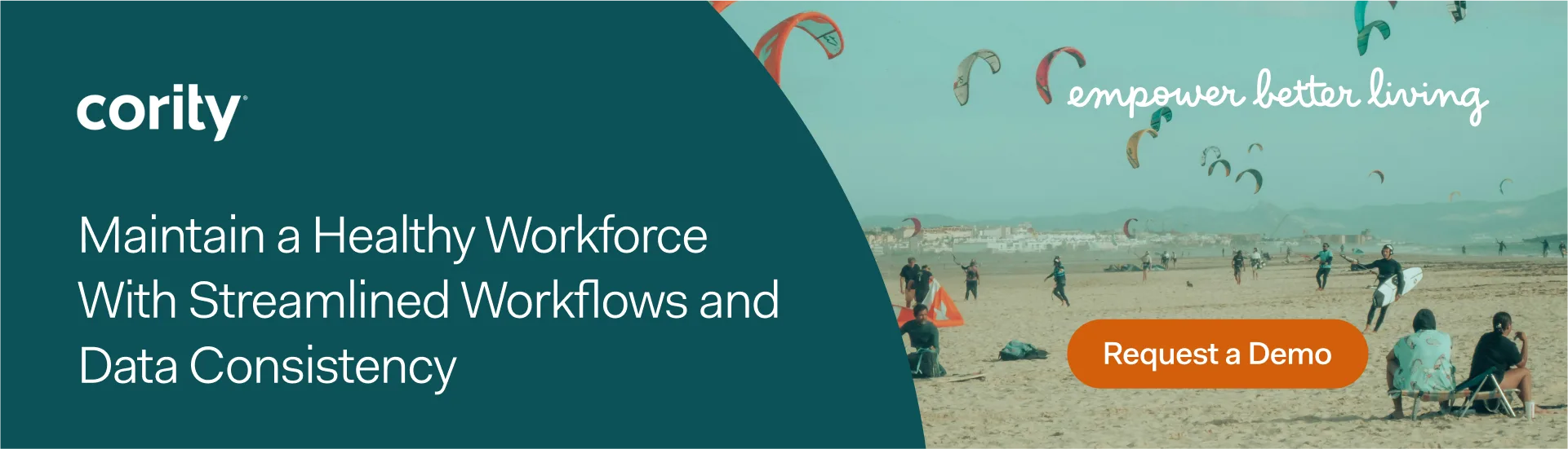 People relaxing on a beach with kites flying, next to text promoting streamlined workforce management and industrial hygiene.