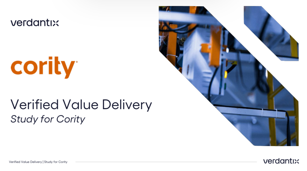 A presentation slide titled Verdantix Verified Value Delivery: Study for Cority, featuring industrial machinery in the background.