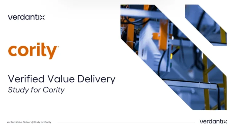A presentation slide titled Verdantix Verified Value Delivery: Study for Cority, featuring industrial machinery in the background.