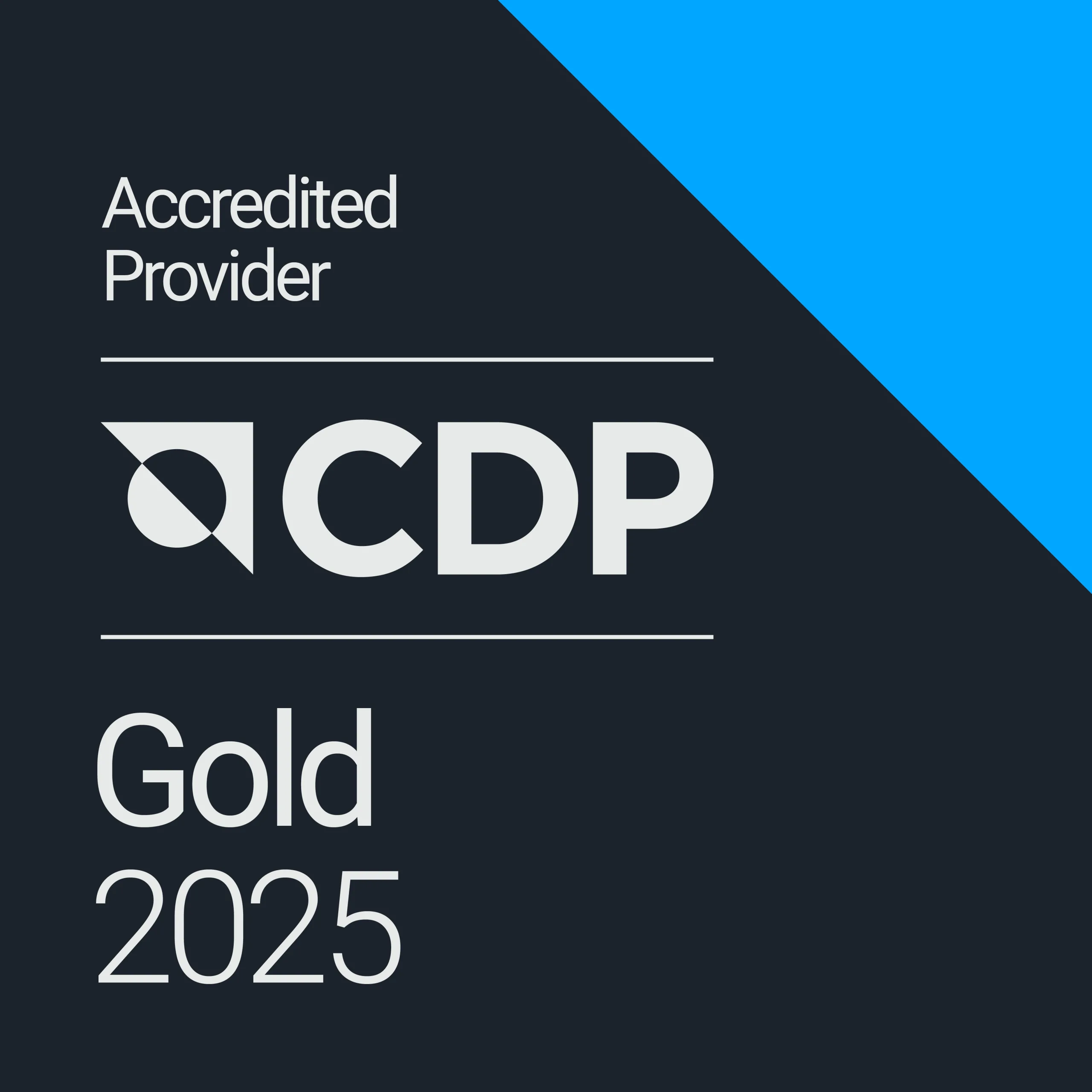 CDP Accredited Provider Gold 2025 badge with a blue triangle in the top right corner, recognizing excellence in ESG Reporting Frameworks.