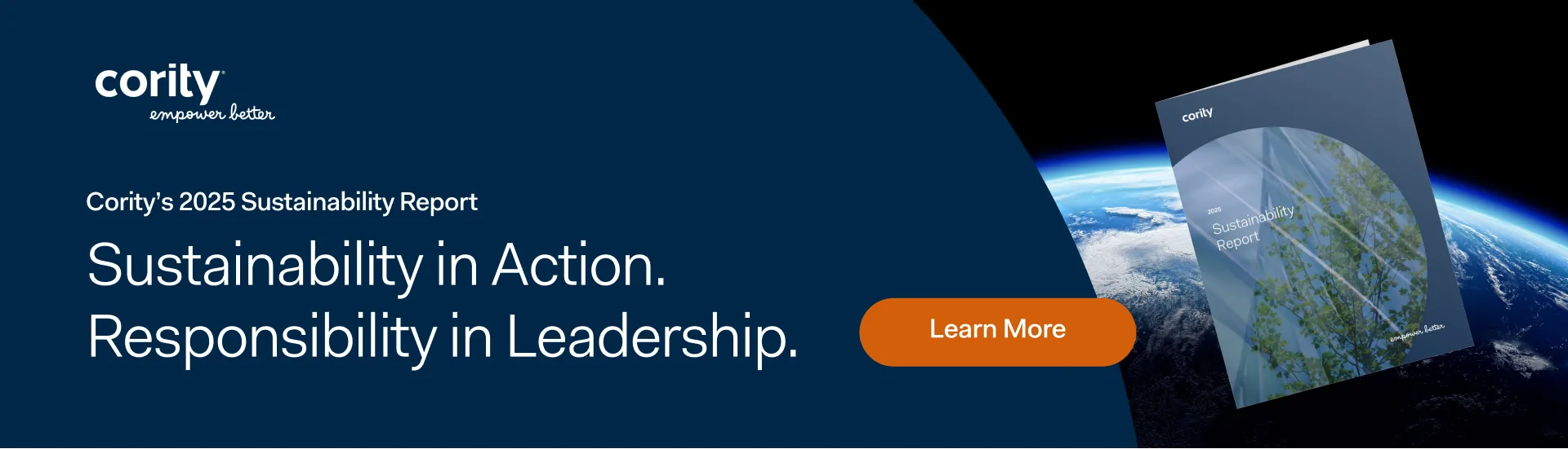 Cority’s 2025 Sustainability Report cover is shown above Earth, featuring a “Learn More” button and a leadership message.