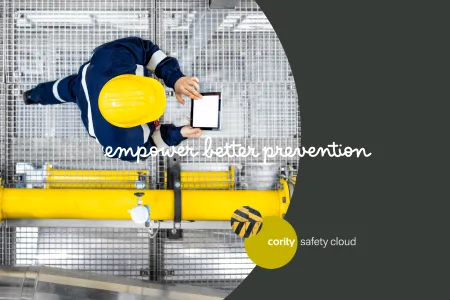 A worker in safety gear uses a tablet on a metal platform; text reads empower better prevention with AI hazard observations.