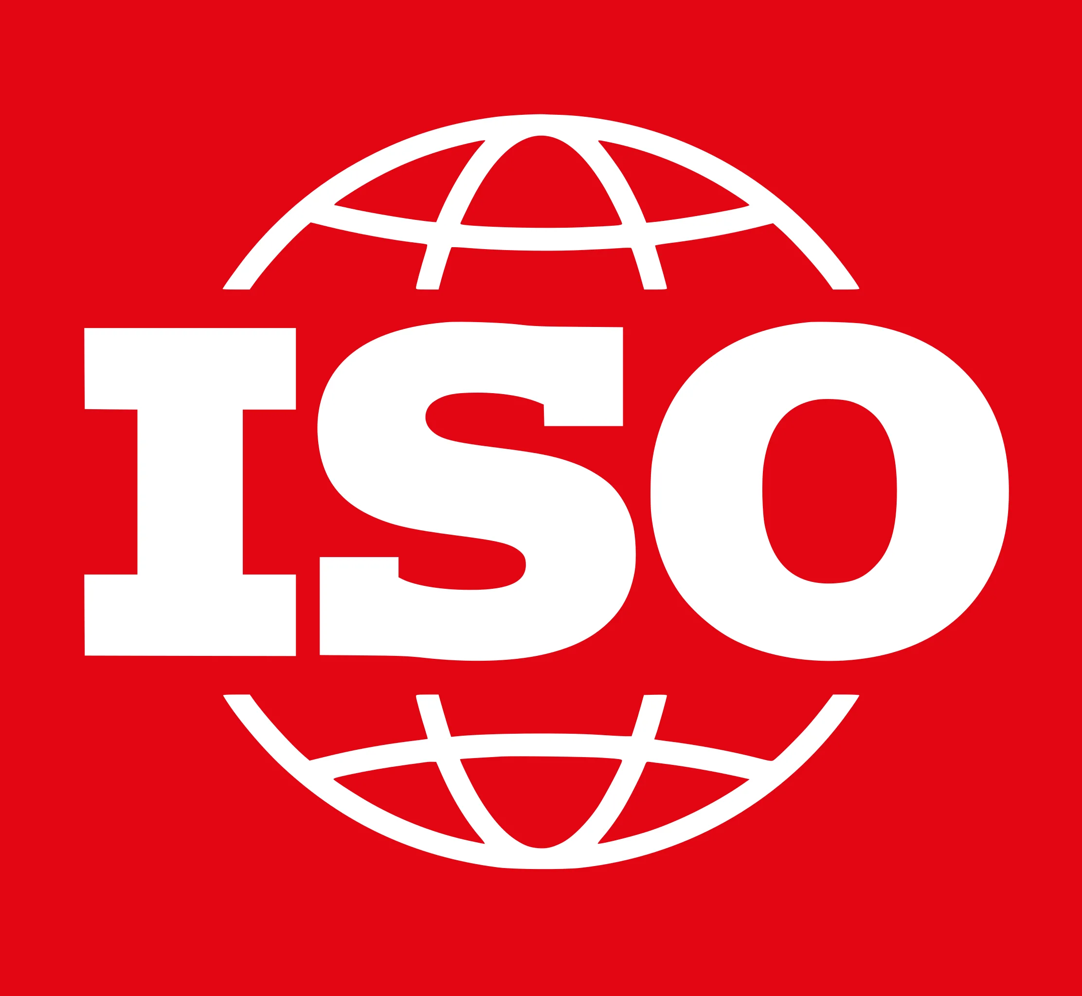 ISO logo with bold white letters and a globe outline on a red background, representing global recognition in ESG Standards.