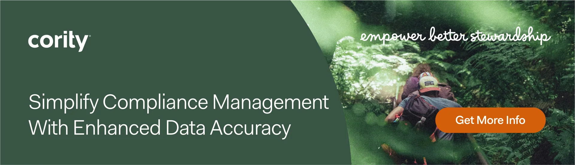 Two people walk through lush greenery; text promotes compliance management, data accuracy, and the benefits and challenges faced by EHS professionals.