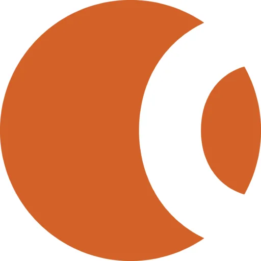 A large orange circle features a white crescent overlapping its right side, with a smaller orange oval nestled within the abstract shape of the white crescent area.