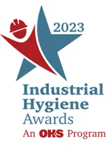Logo for the 2023 Industrial Hygiene Awards, featuring a stylized figure with a hard hat in front of a blue star, and the text 2023 Industrial Hygiene Awards, An OHS Program.