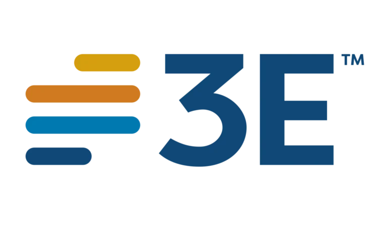 The image shows the 3E logo, featuring three horizontal bars in yellow, orange, and blue to the left of bold blue text reading 3E™ on a white background.