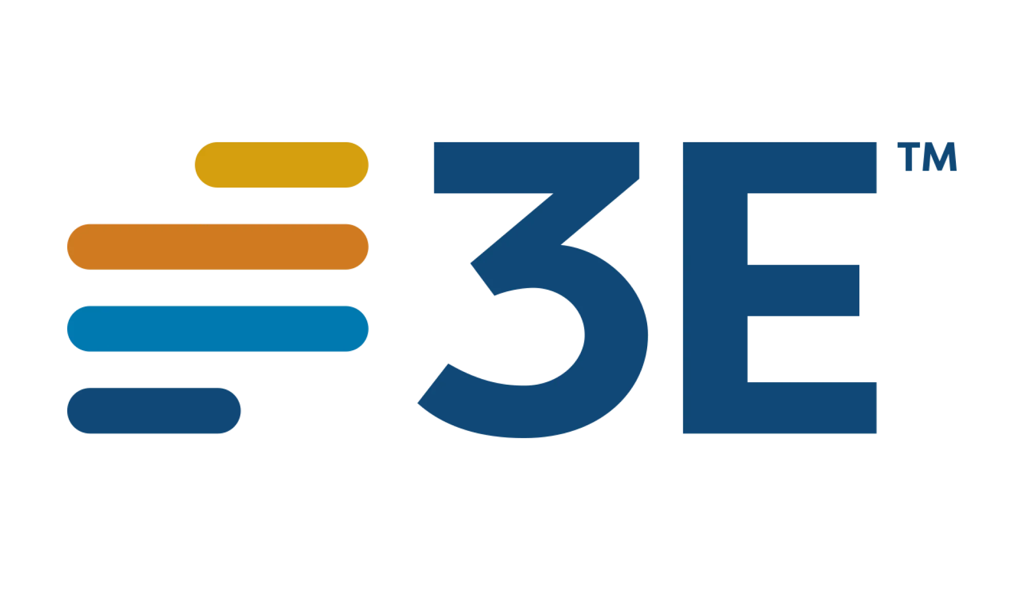 The image shows the 3E logo, featuring three horizontal bars in yellow, orange, and blue to the left of bold blue text reading 3E™ on a white background.