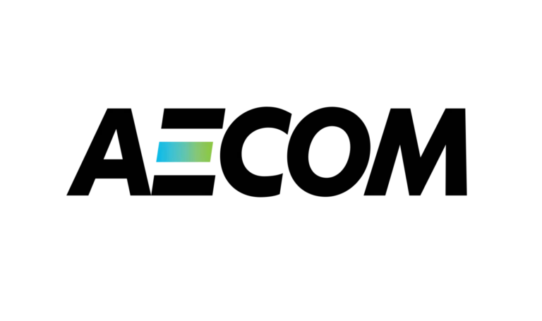 AECOM logo in bold black letters on a white background. The center horizontal bar of the E features a gradient color transition from blue to green.