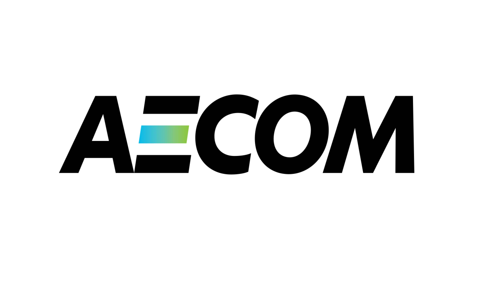 AECOM logo in bold black letters on a white background. The center horizontal bar of the E features a gradient color transition from blue to green.