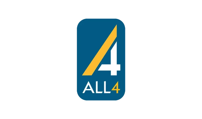 A blue rounded rectangle features a stylized yellow and white number 4 above the text ALL4, with ALL in white and the number 4 in yellow. The background is light gray.