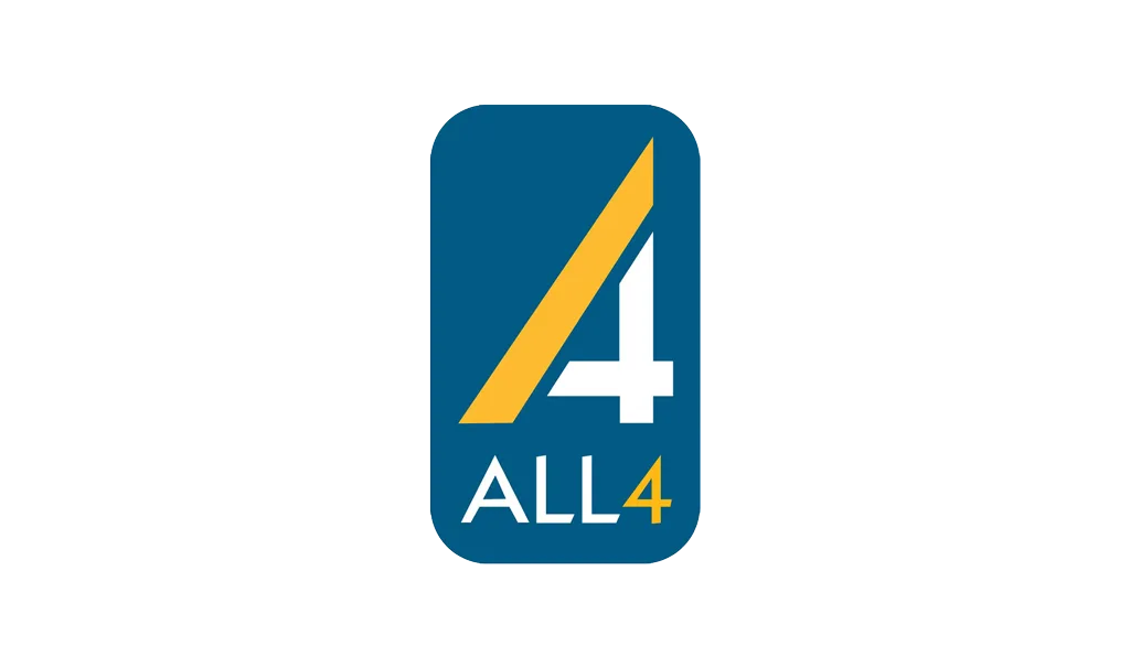 A blue rounded rectangle features a stylized yellow and white number 4 above the text ALL4, with ALL in white and the number 4 in yellow. The background is light gray.