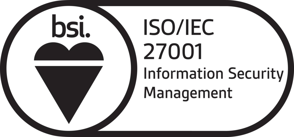 Black and white logo with a heart-shaped symbol and the text: bsi. ISO/IEC 27001 Information Security Management inside a rounded rectangular border.