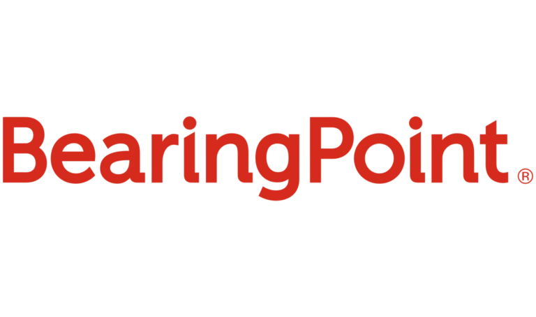 The image displays the BearingPoint logo, featuring the company name BearingPoint in bold red letters against a crisp white background.