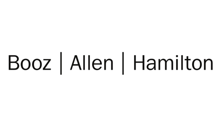 The image displays the text Booz | Allen | Hamilton, a leader in IT services and management consulting, in a simple black font on a white background, with vertical bars separating each word.