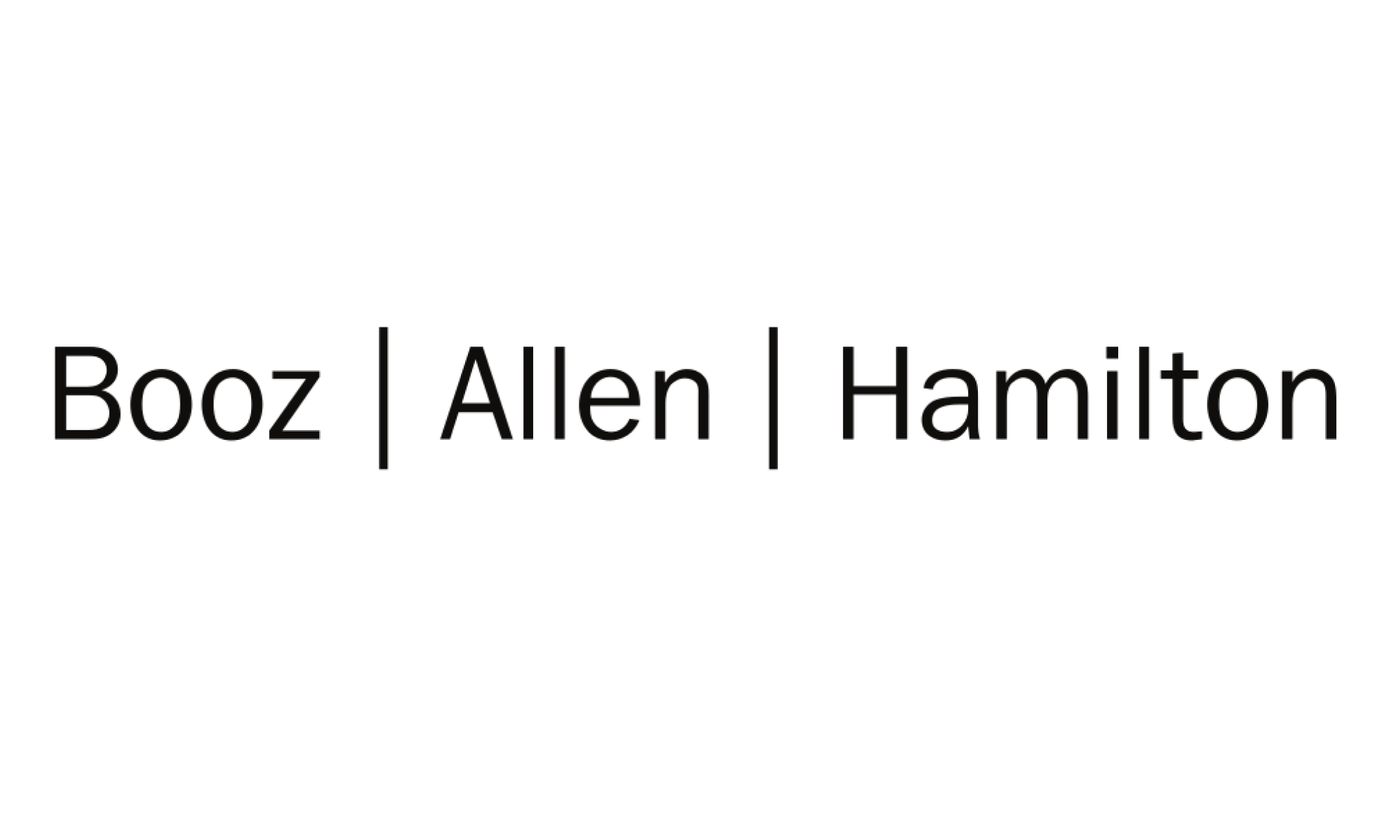 The image displays the text Booz | Allen | Hamilton, a leader in IT services and management consulting, in a simple black font on a white background, with vertical bars separating each word.