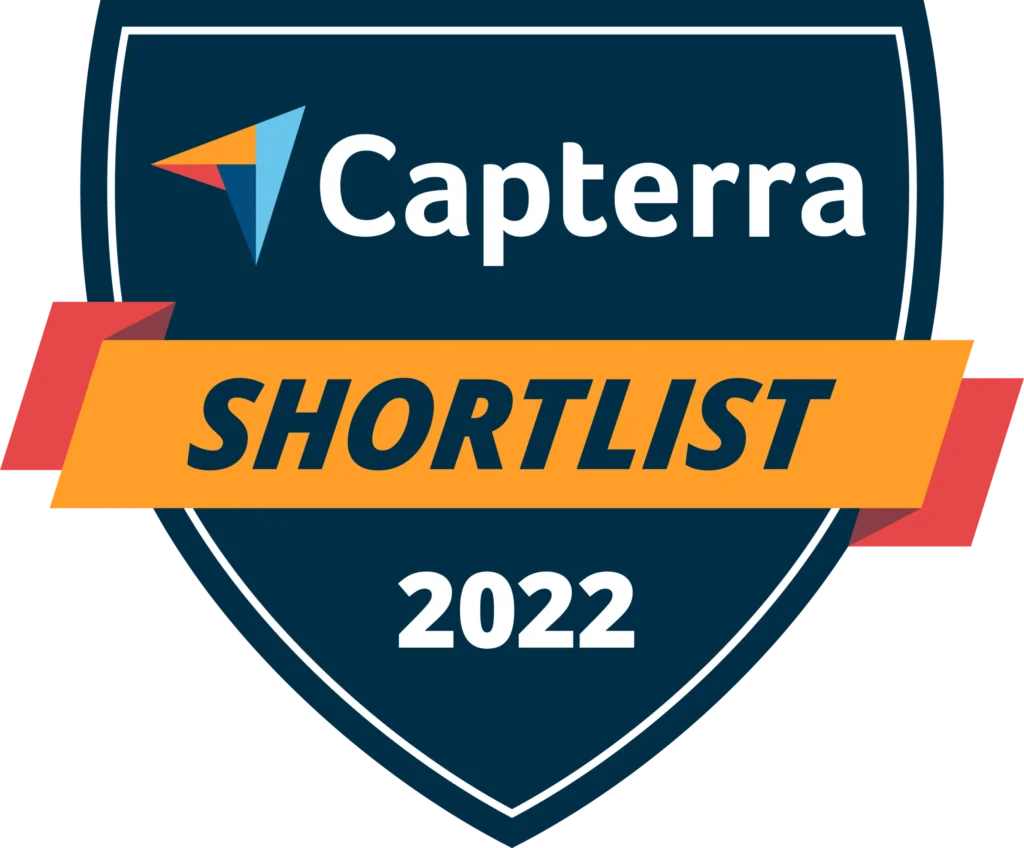 A shield-shaped badge with the Capterra logo, text reading “SHORTLIST” in bold on an orange ribbon, and “2022” below, indicating inclusion in the Capterra Shortlist for 2022.