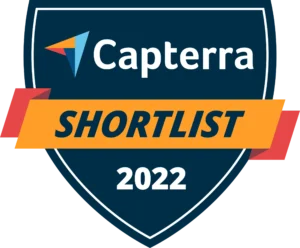 A shield-shaped badge with the Capterra logo, text reading “SHORTLIST” in bold on an orange ribbon, and “2022” below, indicating inclusion in the Capterra Shortlist for 2022.