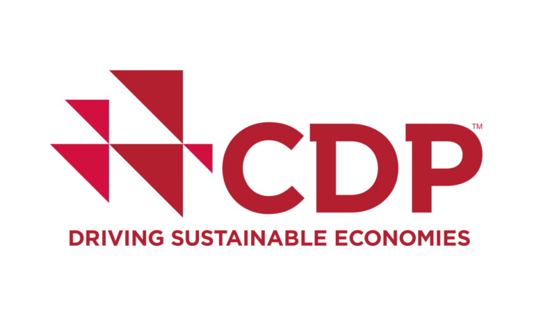 CDP logo featuring red geometric shapes and bold red letters CDP with the tagline Driving Sustainable Economies underneath on a white background.