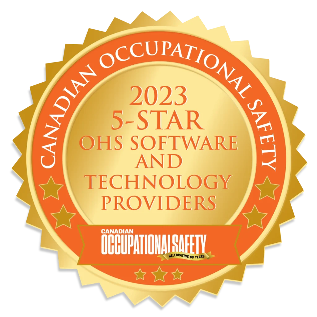 A gold badge with orange trim reads 2023 5-Star OHS Software and Technology Providers and Canadian Occupational Safety around the edge, celebrating 60 years of partnership in safety excellence.