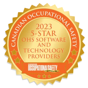 A gold badge with orange trim reads 2023 5-Star OHS Software and Technology Providers and Canadian Occupational Safety around the edge, celebrating 60 years of partnership in safety excellence.