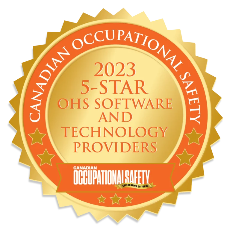 A gold badge with orange trim reads 2023 5-Star OHS Software and Technology Providers and Canadian Occupational Safety around the edge, celebrating 60 years of partnership in safety excellence.