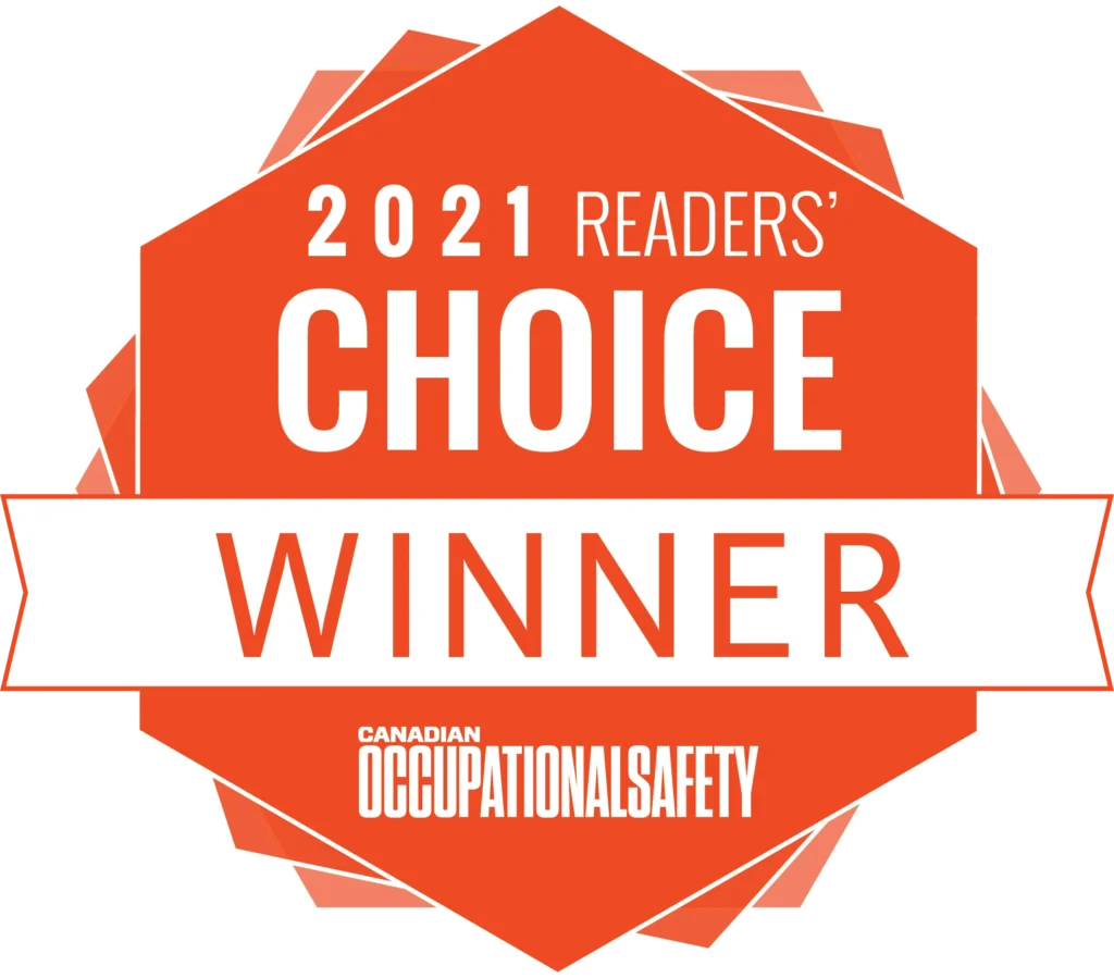 An orange badge with white text reads 2021 Readers Choice Winner and Canadian Occupational Safety. The badge has a white ribbon across the center.