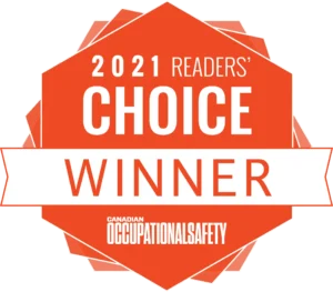 An orange badge with white text reads 2021 Readers Choice Winner and Canadian Occupational Safety. The badge has a white ribbon across the center.