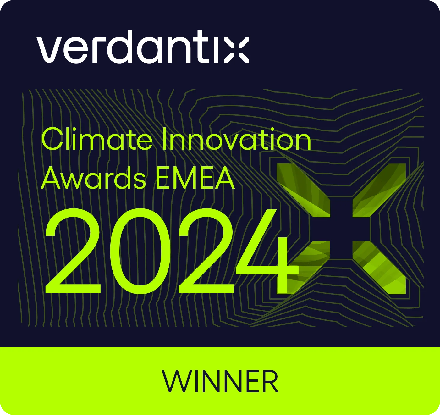 Award graphic featuring the verdantix logo, Climate Innovation Awards EMEA 2024 in bright green text, highlighting partnership on an abstract geometric background, with WINNER at the bottom.