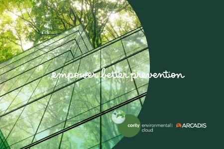 Glass building with reflection of green trees, overlaid with the text empower better prevention. Logos of Cority Environmental Cloud and Arcadis appear at the bottom right on a dark green background.