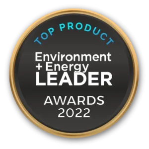 A round badge with a gold rim reads TOP PRODUCT Environment + Energy LEADER AWARDS 2022 in white and blue text on a black background.