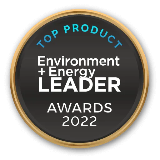 A round badge with a gold rim reads TOP PRODUCT Environment + Energy LEADER AWARDS 2022 in white and blue text on a black background.
