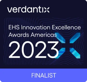Verdantix EHS Innovation Excellence Awards Americas 2023 finalist badge with geometric patterns and a blue X design in the background.