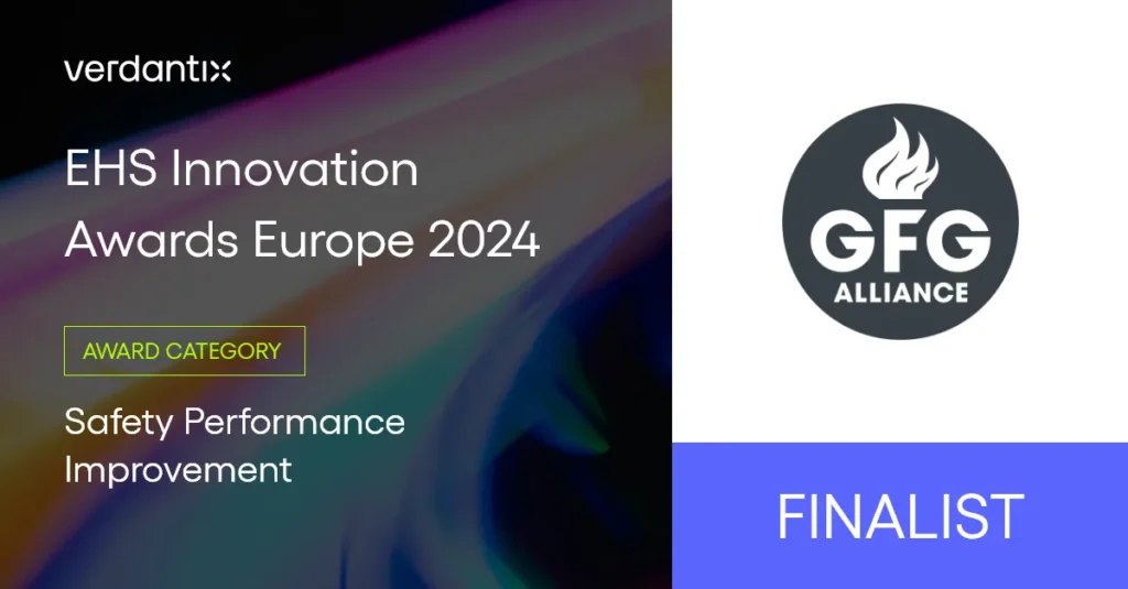 Digital poster for Verdantix EHS Innovation Awards Europe 2024. GFG Alliance is a finalist in the Safety Performance Improvement award category. The GFG Alliance logo appears alongside the finalist label.