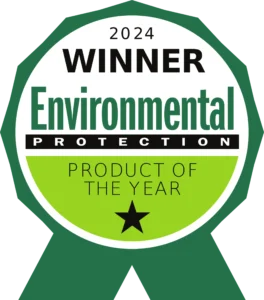 A green and white ribbon badge reads: 2024 Winner Environmental Protection Product of the Year with a black star below the text.