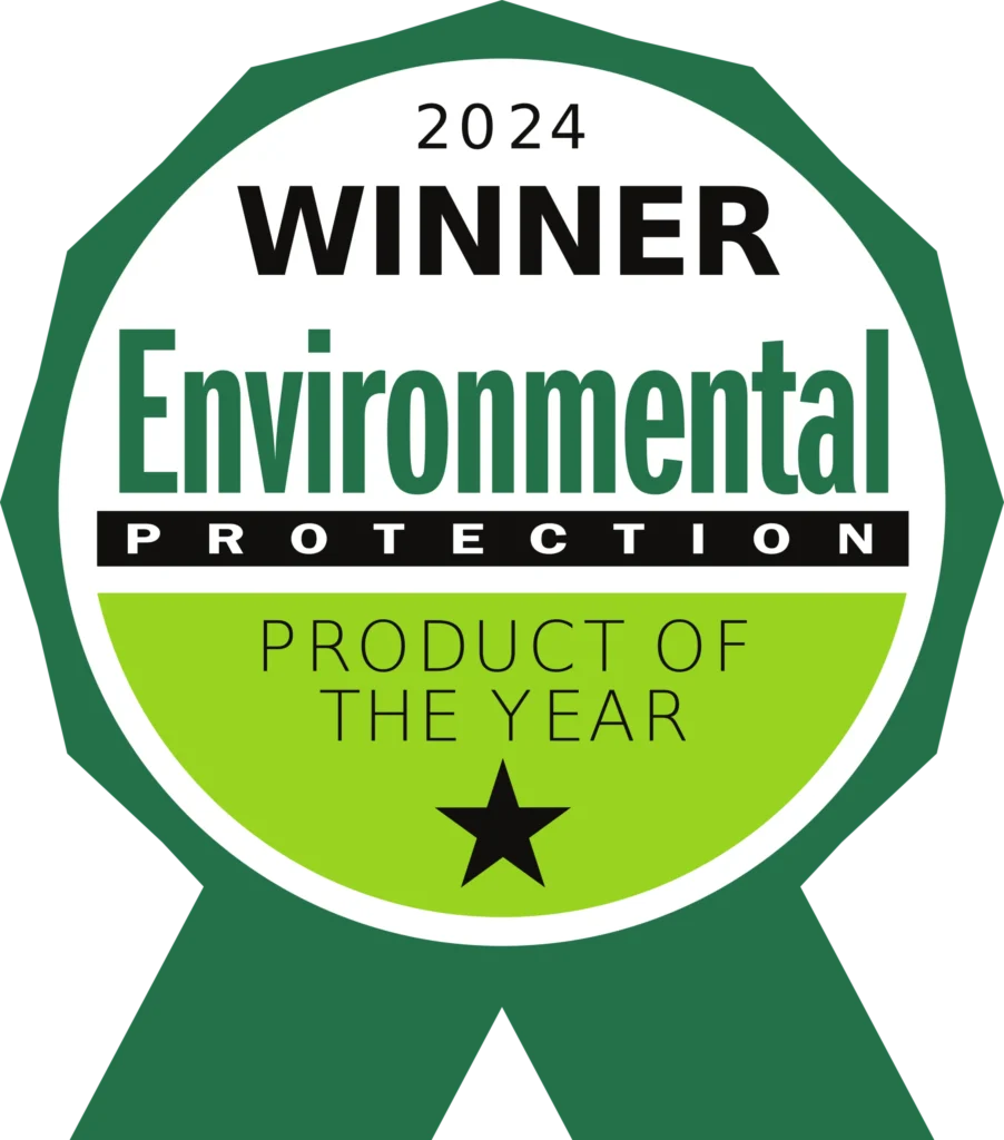 A green and white ribbon badge reads: 2024 Winner Environmental Protection Product of the Year with a black star below the text.
