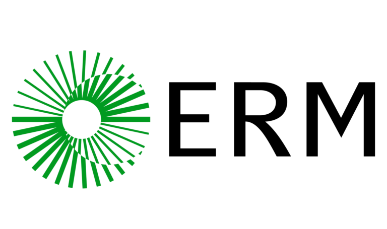 A green circular abstract design made of radiating lines sits to the left of bold black capital letters spelling ERM on a white background.